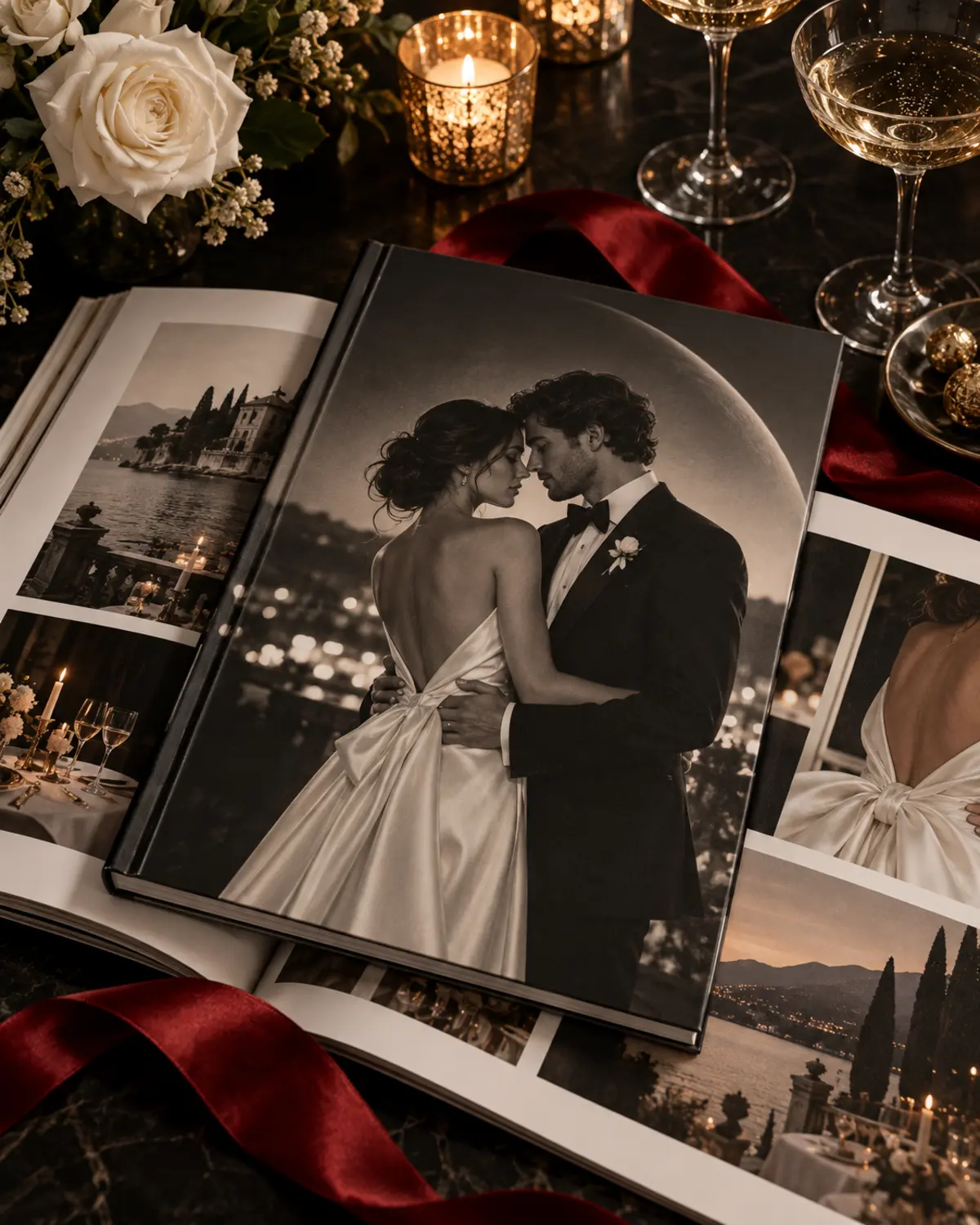 Wedding love-story magazine on an elegant reception table
